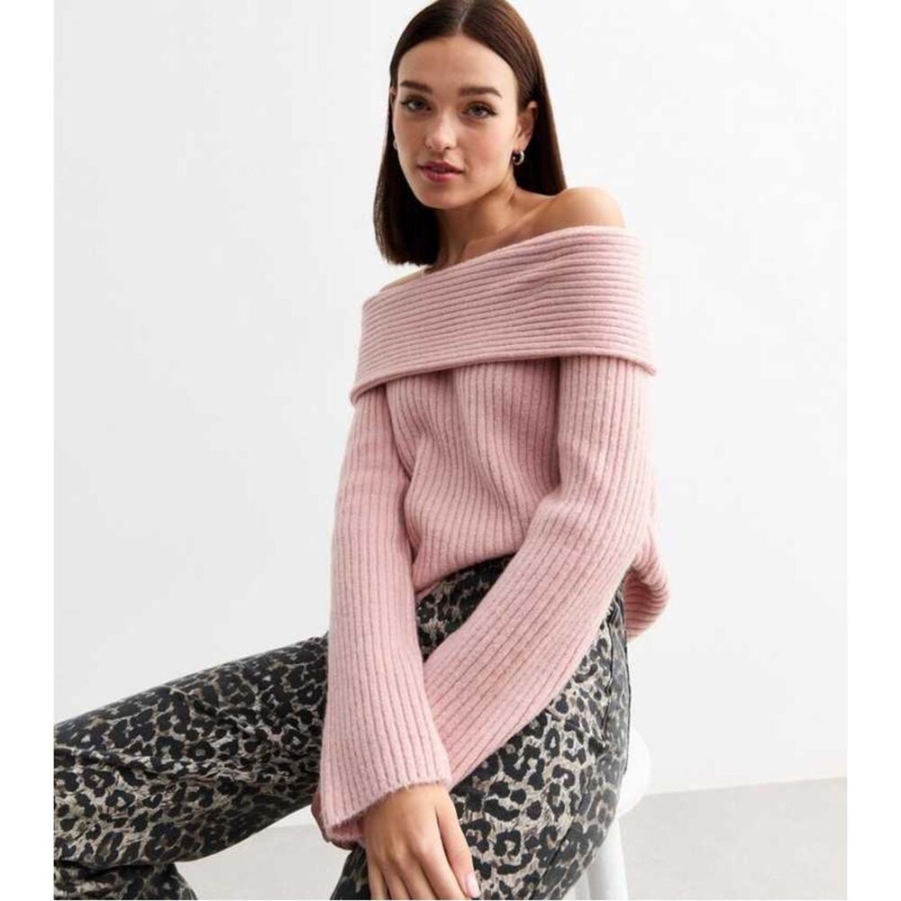nwot NEW LOOK Sweater Women L Pink Oversized Chunky-Knit Wide-Mock-Neck Long-Slv